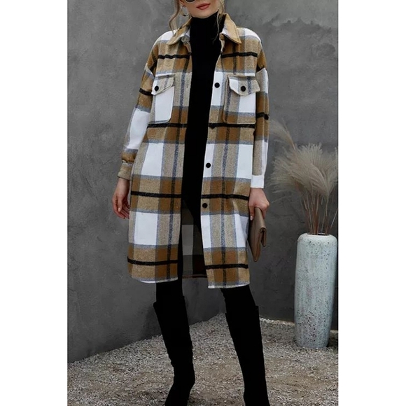 LAST ONE! Plus Size Brown Khaki Turn Down Collar Plaid Jacket - Picture 6 of 6